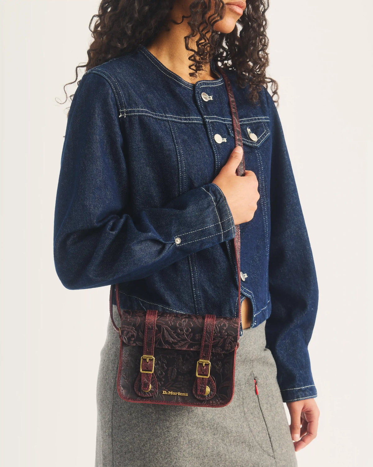 7" Floral Emboss Crazy Horse Leather Satchel