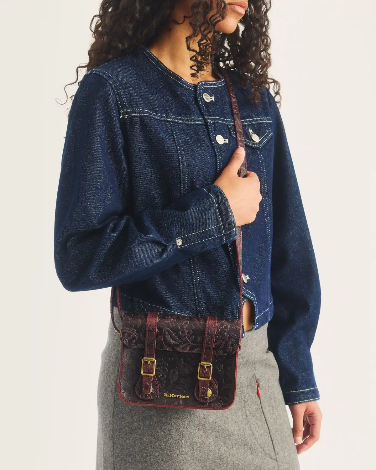 7" Floral Emboss Crazy Horse Leather Satchel